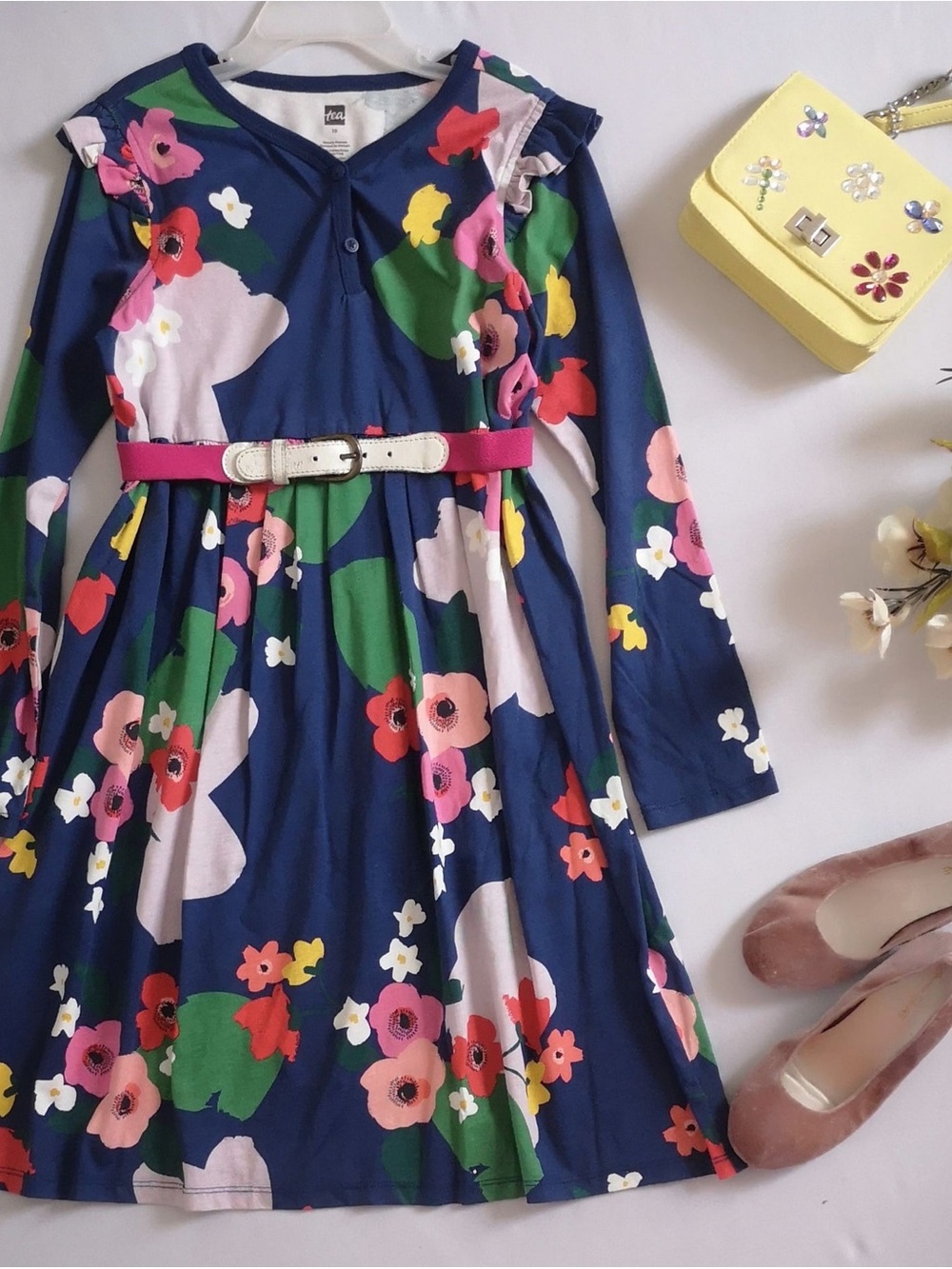 Tea collection ruffled Navy Floral Long-Sleeve Dress size 8